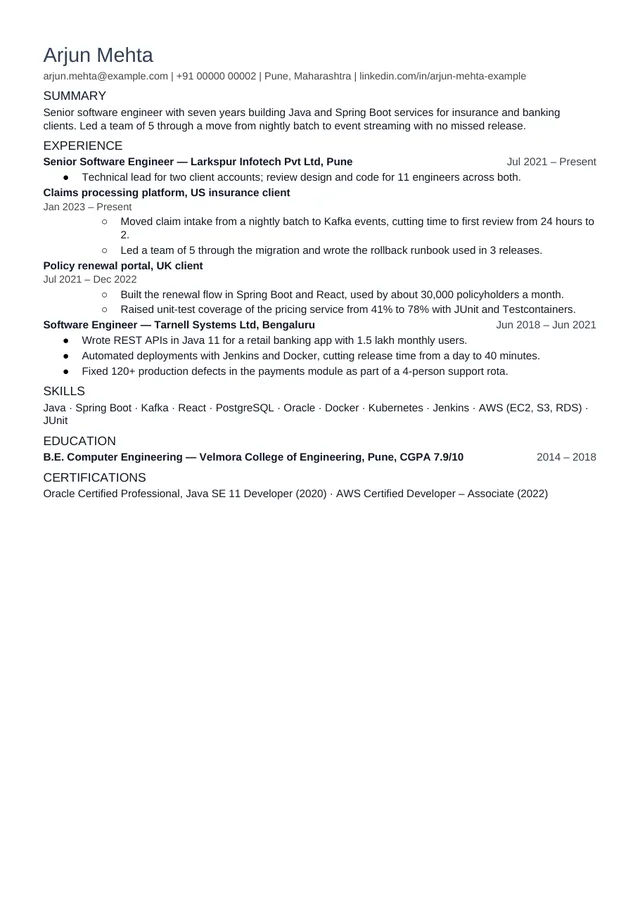 Page one of the Compact one-page template, filled with a fictional example resume