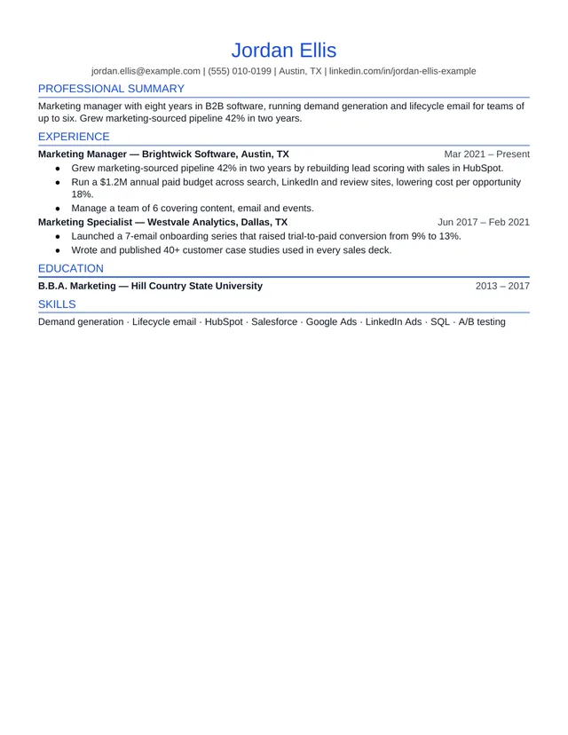 Page one of the US Standard template, filled with a fictional example resume